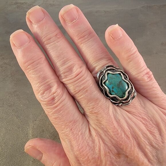 Shablool Didae Turquoise Sterling Waves Bead Filigree Ring - Picture 7 of 9